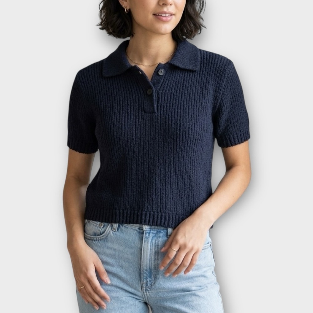 Calvin Klein Short Sleeve Knit Polo Sweater in Navy Blue Women’s Size XS NWT